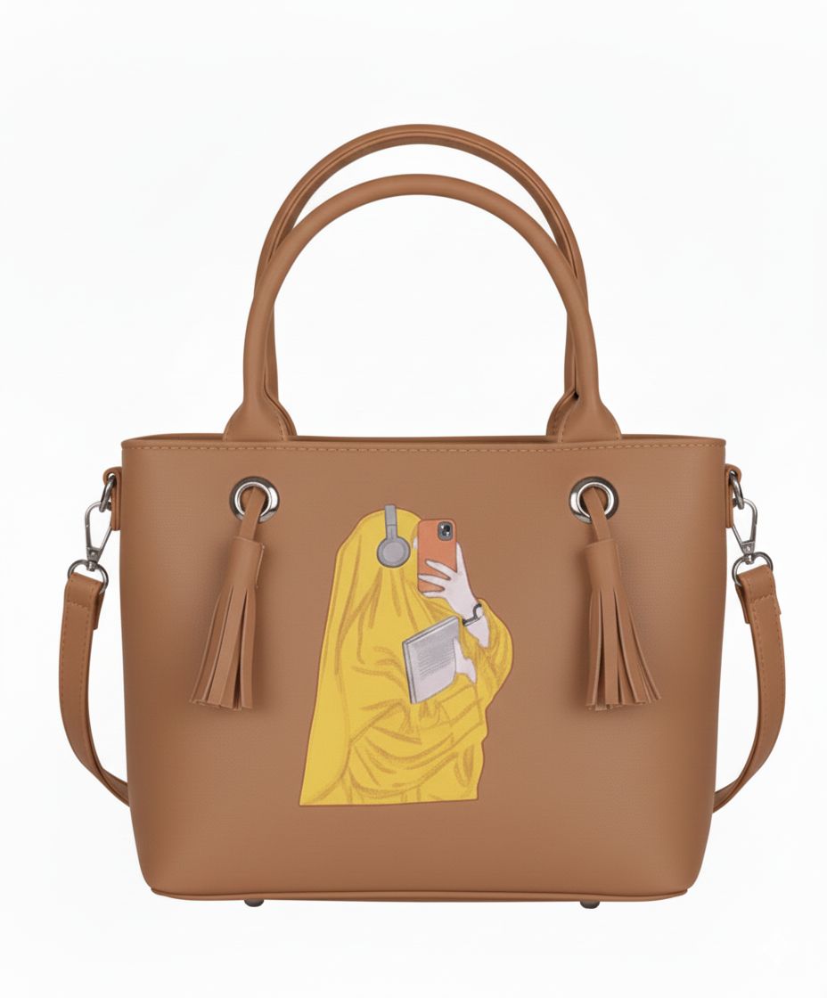 Illustrated Selfie Girl Tote Handbag – Premium Faux Leather Purse (9 Colors)