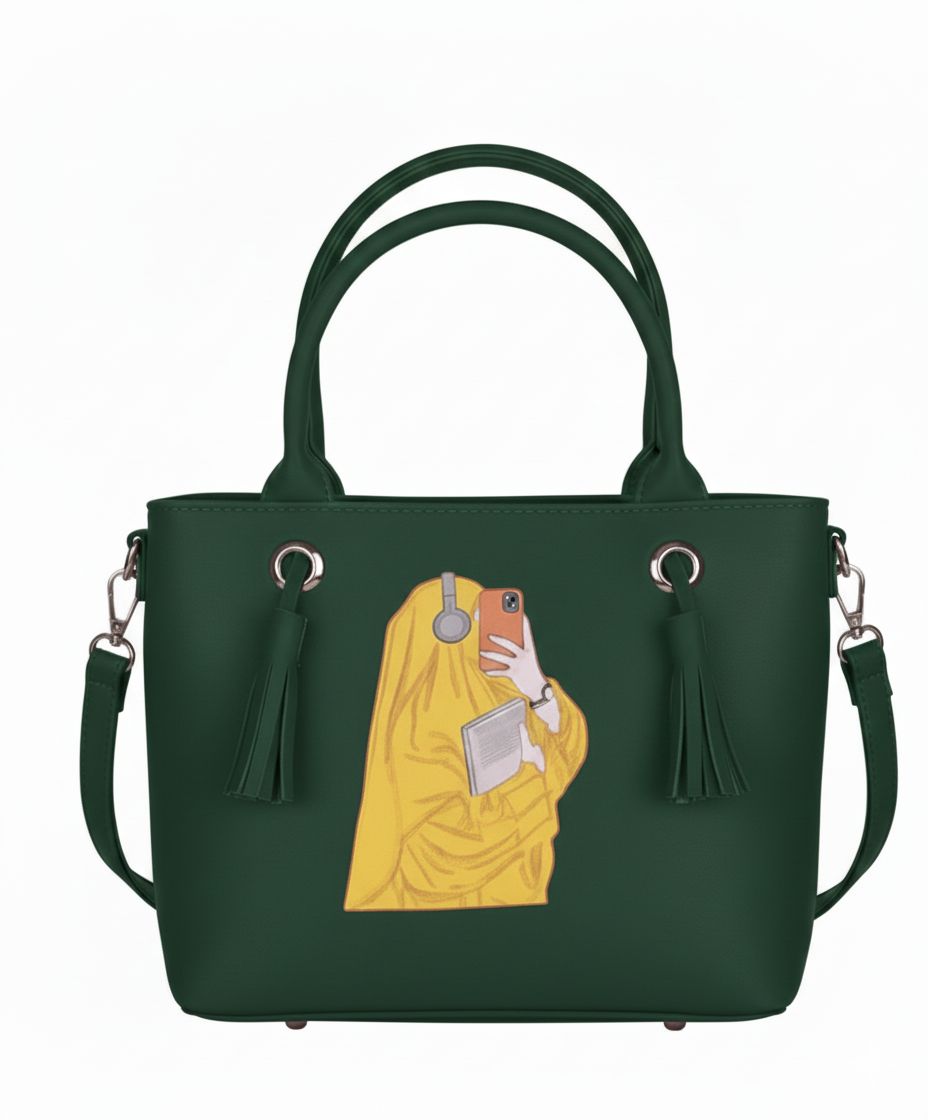 Illustrated Selfie Girl Tote Handbag – Premium Faux Leather Purse (9 Colors)