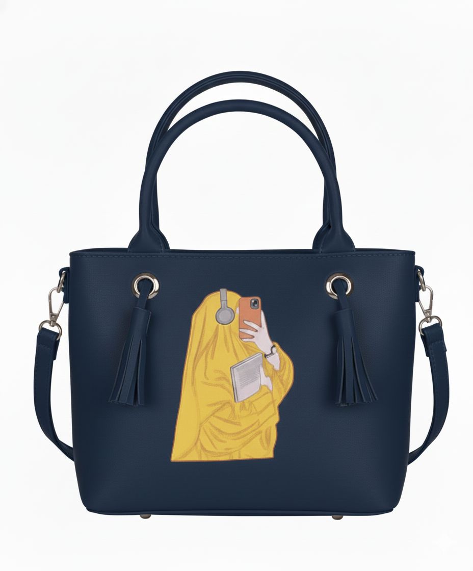 Illustrated Selfie Girl Tote Handbag – Premium Faux Leather Purse (9 Colors)