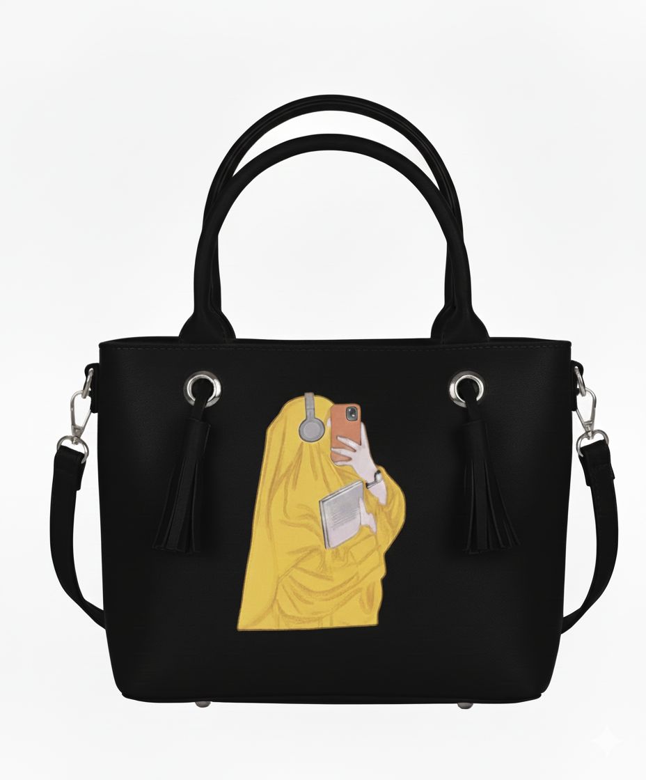 Illustrated Selfie Girl Tote Handbag – Premium Faux Leather Purse (9 Colors)